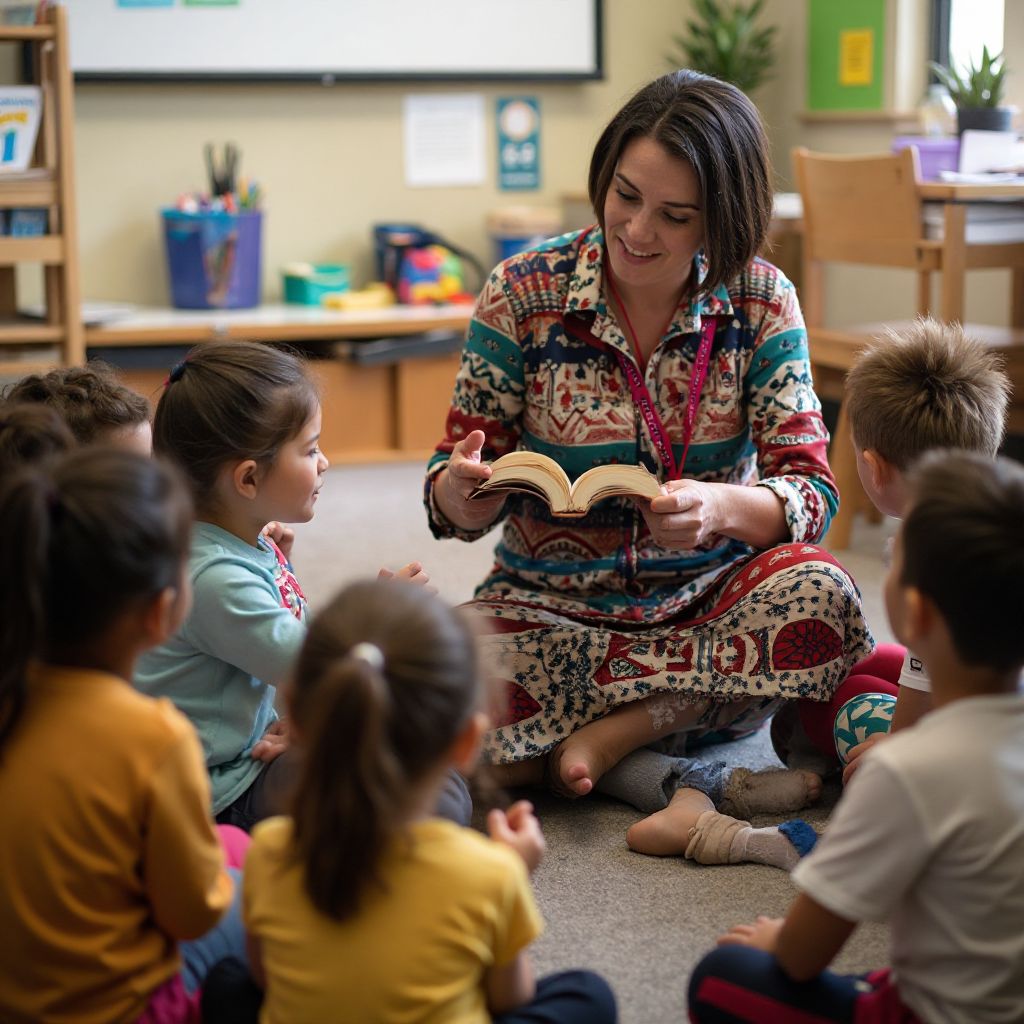 Staff member leading interactive storytelling session for children